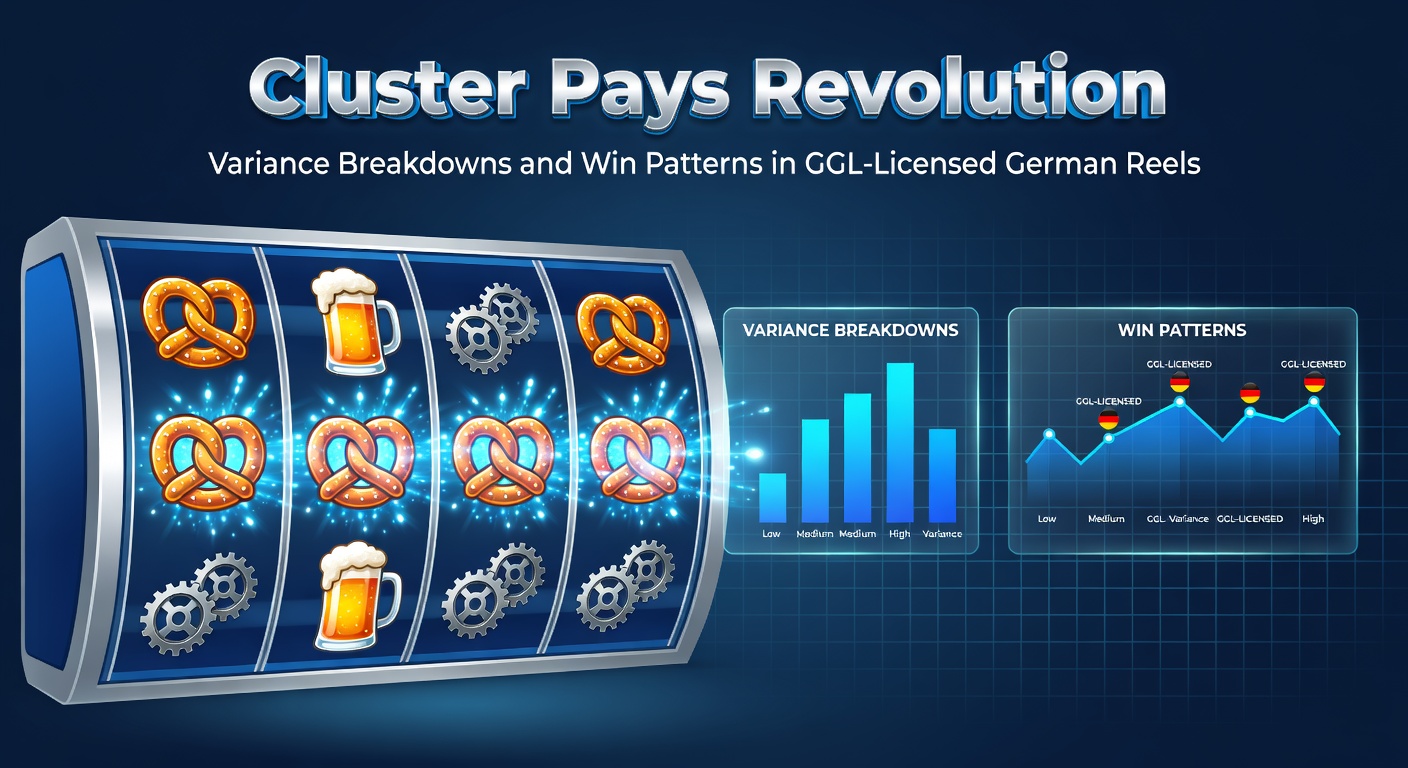 Visuelle Darstellung eines Cluster-Pays-Slots mit leuchtenden Symbolclustern auf den Reels, die typische Gewinnformationen in GGL-lizenzierten Spielen zeigen