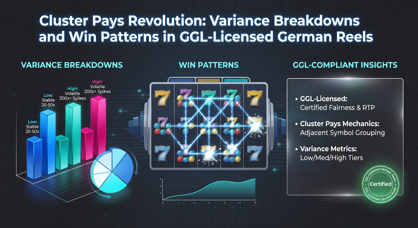 Detaillierte Grafik zur Varianzverteilung in Cluster-Pays-Slots, mit Balkendiagrammen zu Gewinnhäufigkeiten und RTP-Kurven für GGL-lizenzierte deutsche Märkte