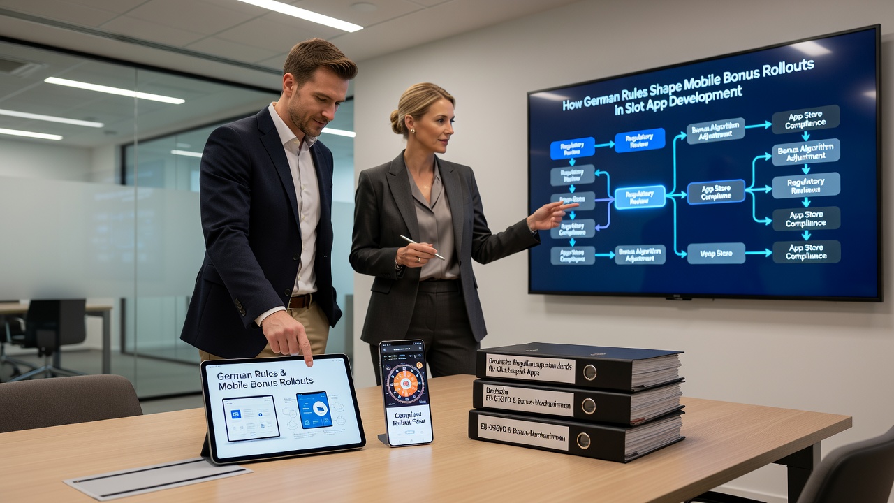 Entwickler-Team bei der Implementierung konformer Bonus-Features in einer Slot-App